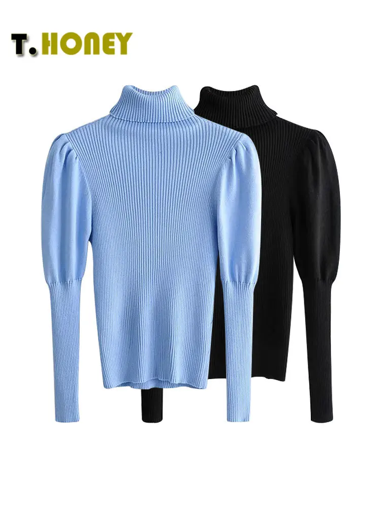 

TELLHONEY Women Fashion Solid High Neck Thick Warm Knit Pullover Sweater Female Winter Casual Puff Sleeve Slim Outwear