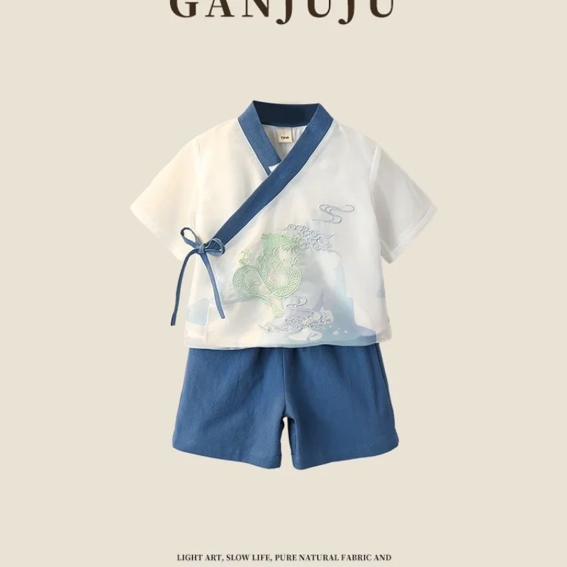 

High Quality Summer Cotton Mesh Dragon Embroidery Short Sleeve Tang Suit Boys Ancient Costume Children Thin Hanfu Suit 2pcs