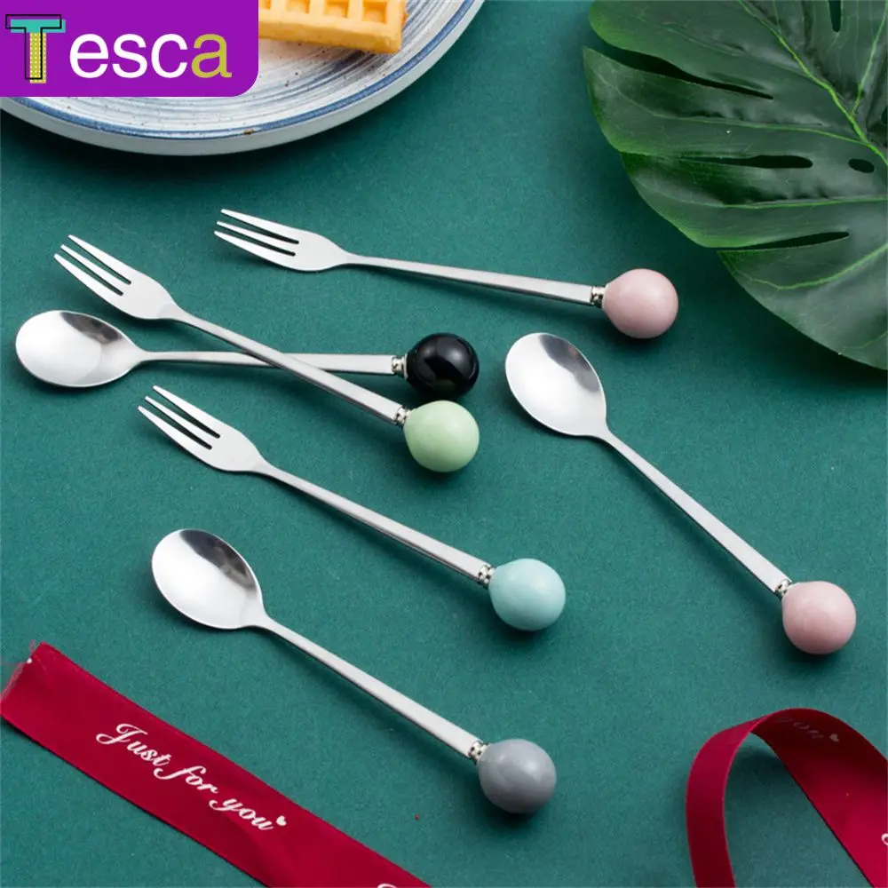 

Kitchen Dinnerware Stainless Steel Fork Spoon Long Handle Spoon Fork Ceramic Handle Spoon Ice Cream Dessert Spoon 1pcs