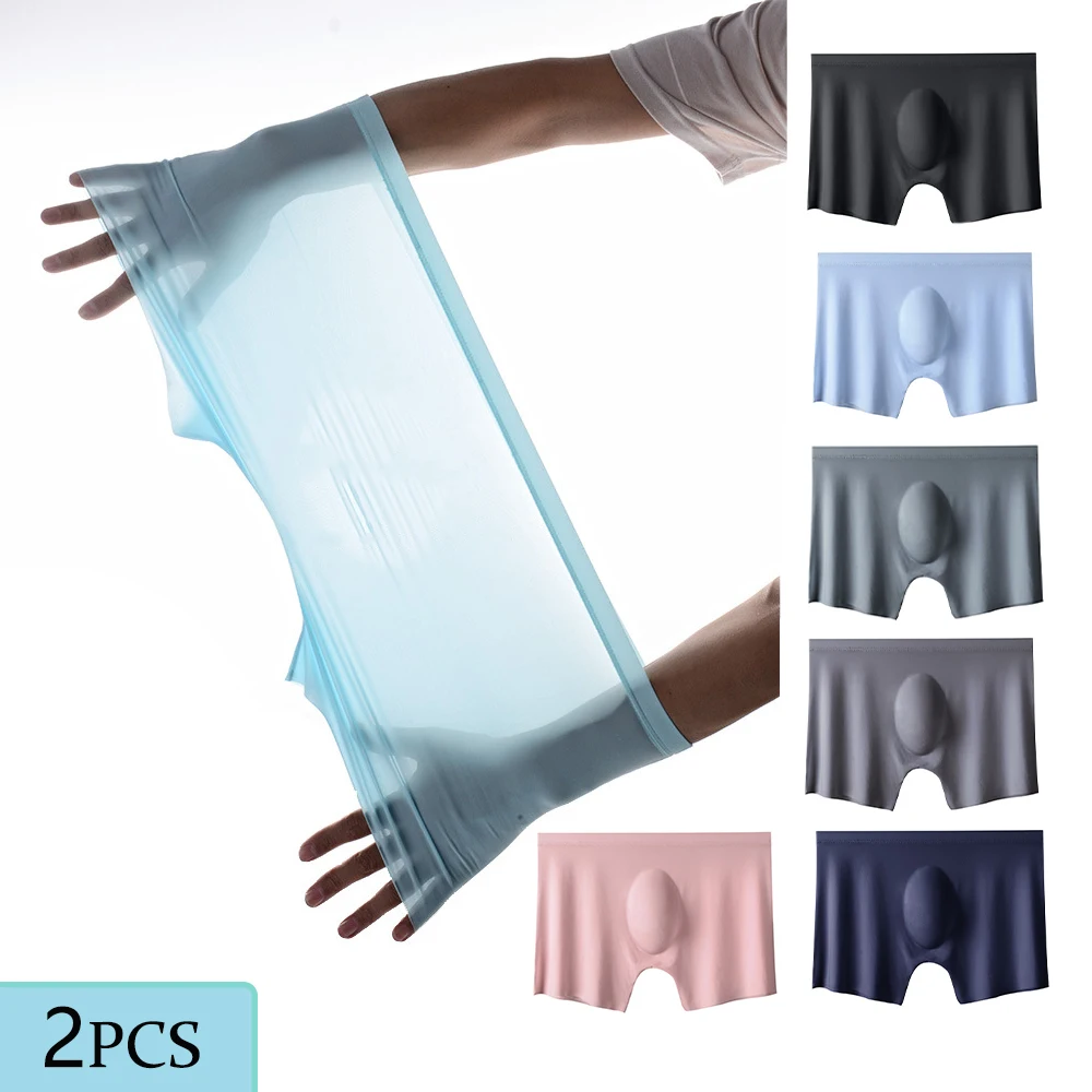 2Pcs Men Panties Mens Ice Silk Seamless Underwear Solid Color Ultra-thin Breathable Boxer Shorts For Male Underpants Boxershorts
