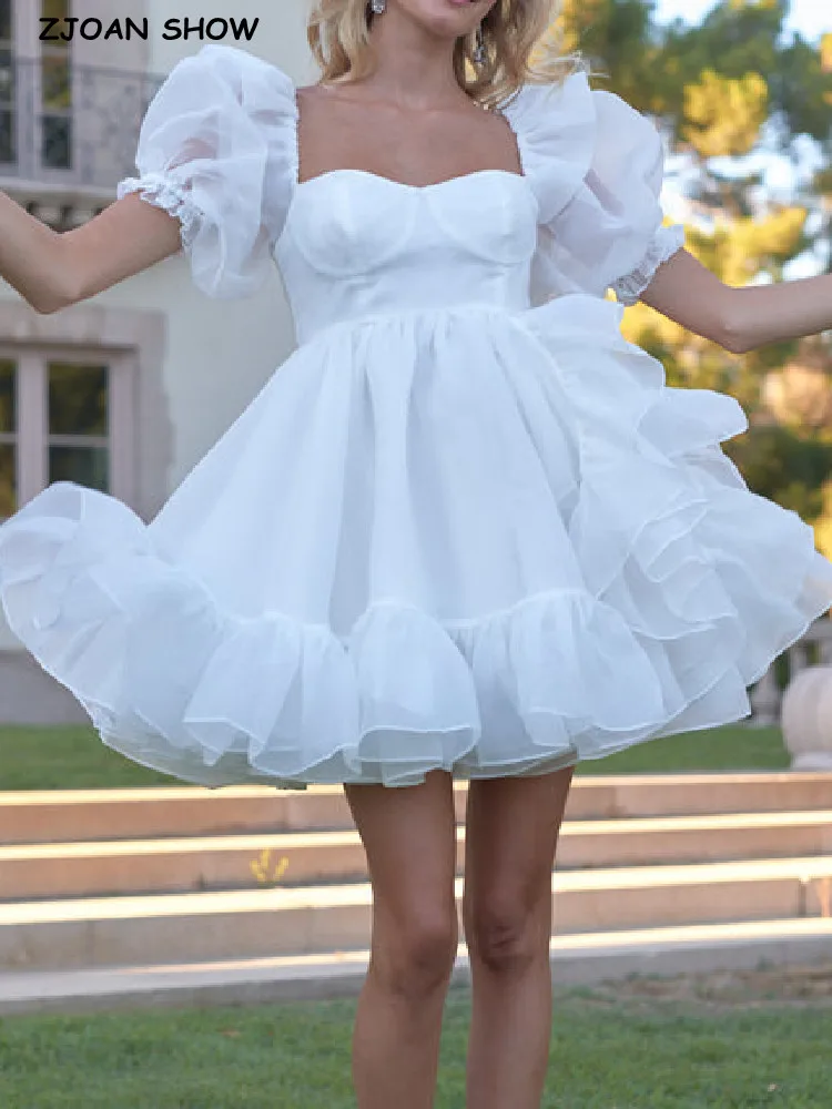 

Женское платье принцессы из белой органзы, бальное платье с деревянными ушками, пышными рукавами, асимметричным подолом с оборками, коротко...