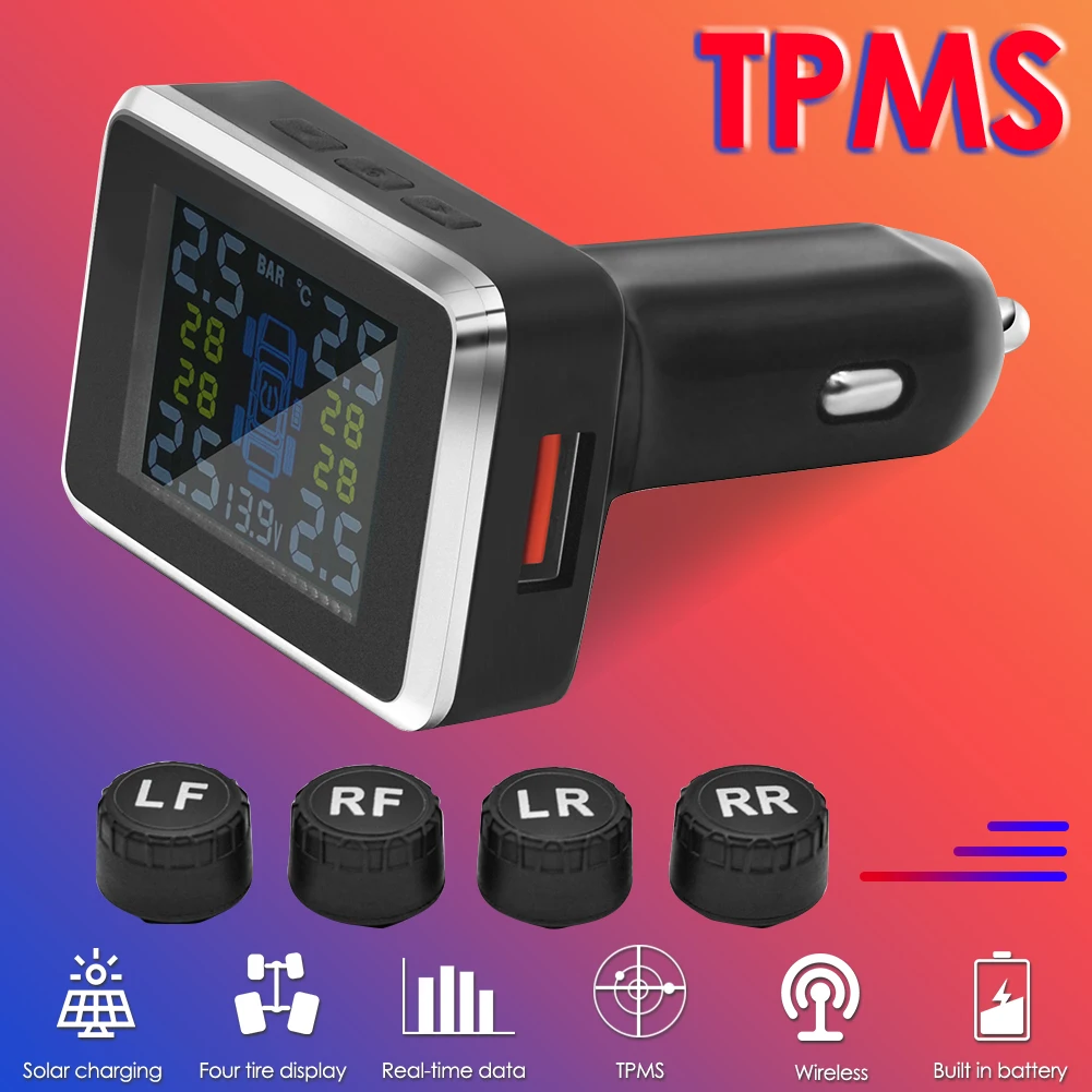 

Wireless Car Tire Pressure Monitor System LCD Digital Display Pressure Monitor 4 External Sensors LCD Warning Alarm