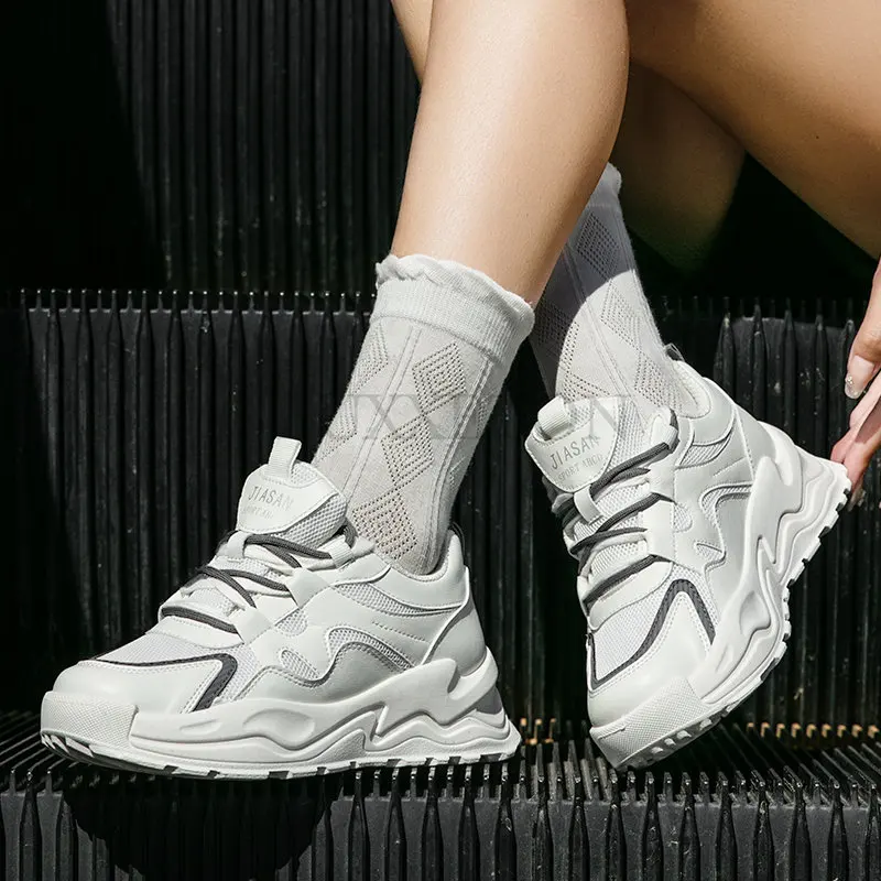 Women Leather Platform Sneakers Spring Trainers White Shoes High Heels Wedge Outdoor Sport Shoes Breathable Casual Shoes