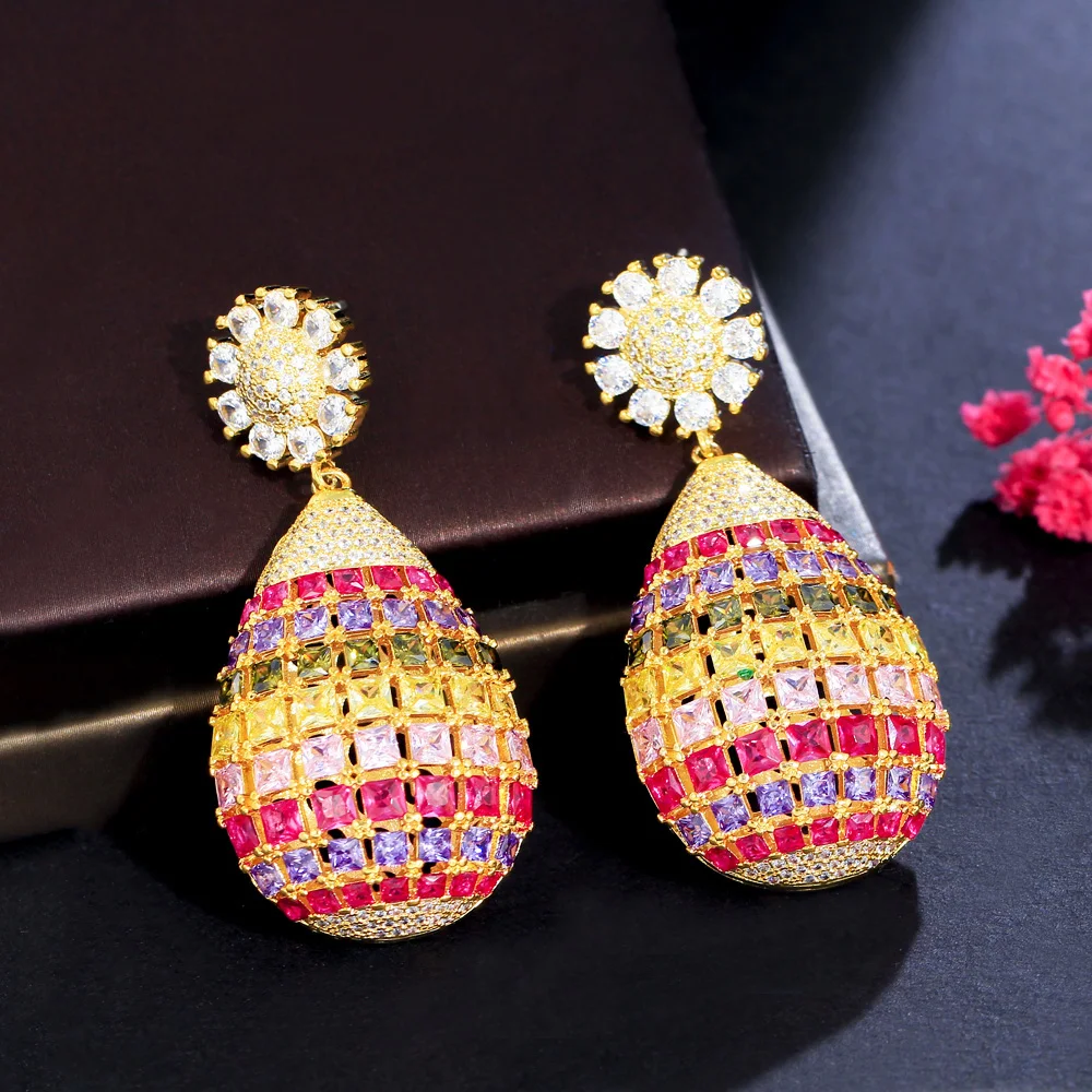 

CWWZircons Real 5A Cubic Zirconia Multicolor Long Dangle Drop Luxury Women Wedding Earrings Gold Plated Chunky CZ Jewelry CZ433