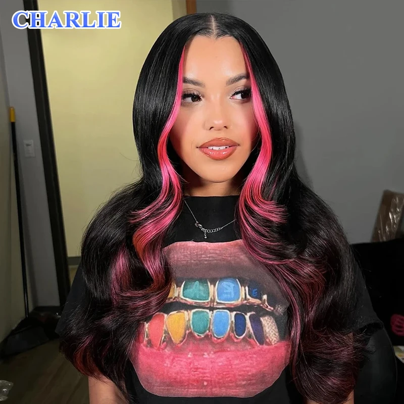 Розовый цвет 13X4 Объемная волна Прозрачный парик фронта шнурка Синтетические