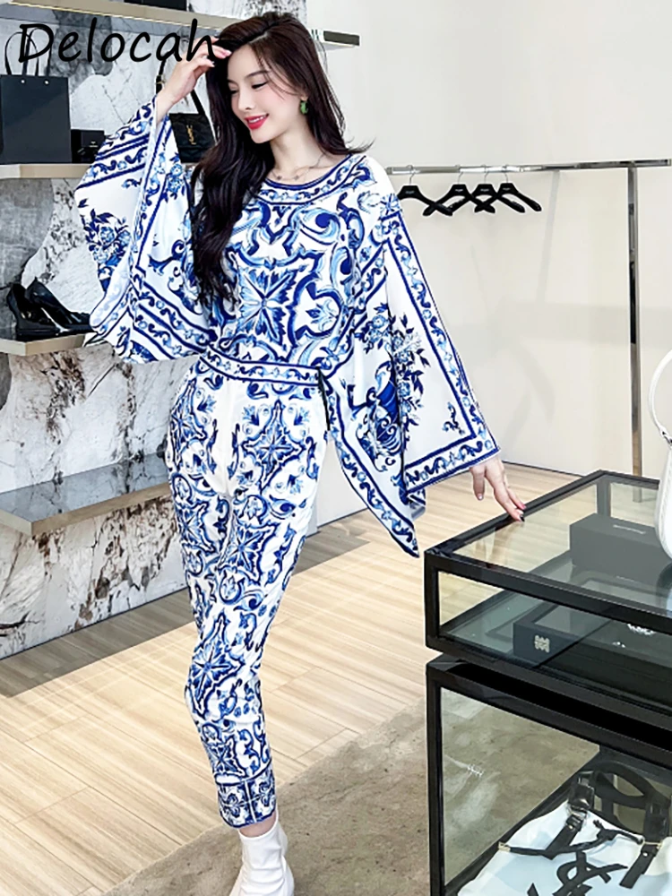 Delocah High Quality Autumn Women Fashion Runway Pants Sets Batwing Sleeve Loose Tops + Long Pants Blue And White Porcelain Suit