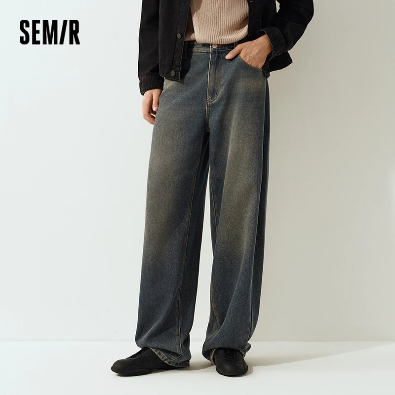 Фото Джинсы Semir в одном стиле, мужские потертые брюки в стиле ретро, широкие брюки с изогнутыми лезвиями, свободная дуга, новинка 209, зимняя мужская одежда №1