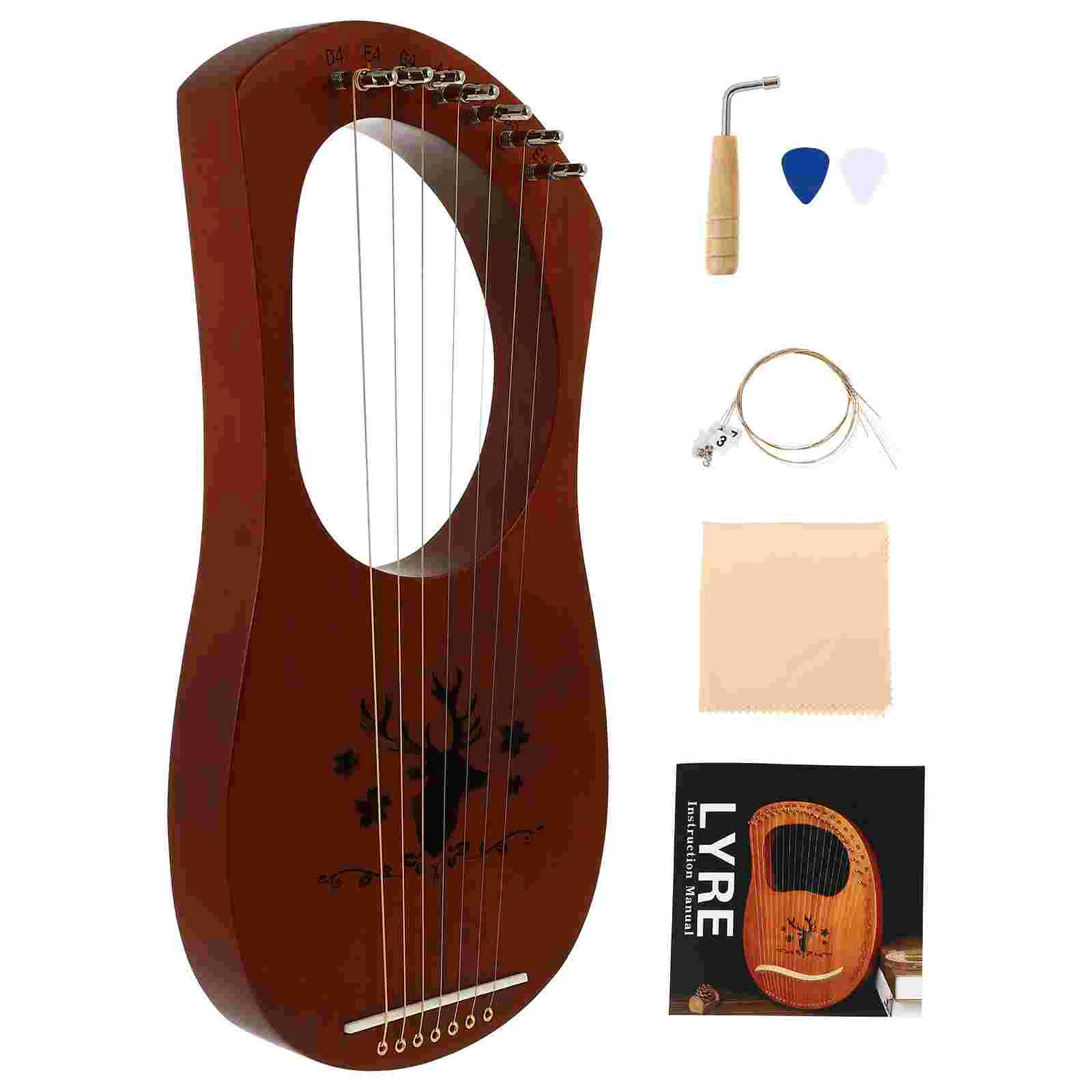 

7-note Lyre Wood Harp Musical Instrument Wooden Wrench Harmony Ancient Style Mahogany Crafts