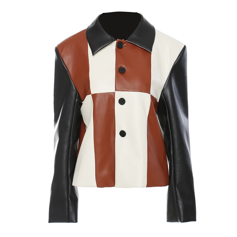 Autumn and Winter Women's Jackets Personalized Tailoring Stitching Color-blocking British Style Leather Jackets Baseball Jackets