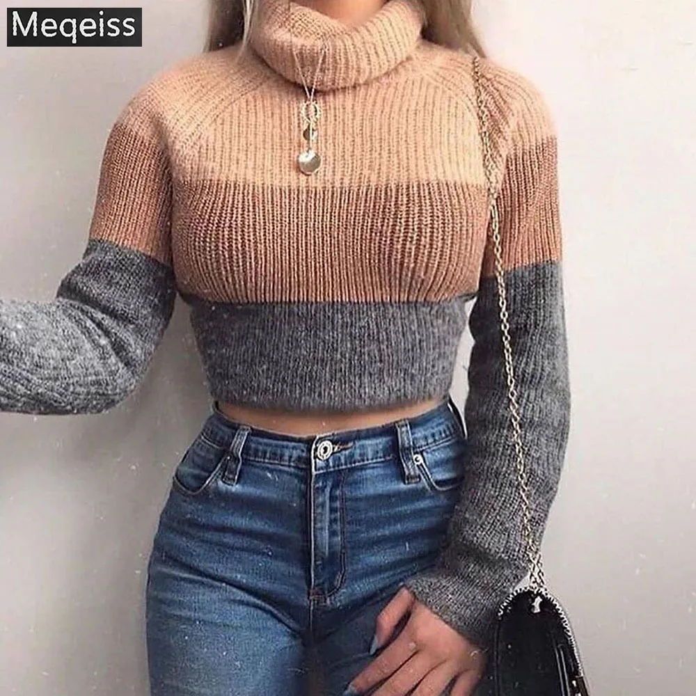 

Meqeiss New Fall Fashion Women's Turtlenecks Sweaters Striped Long Sleeve Knitted Pullovers Females Jumpers Cropped Sweaters