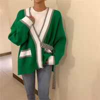 womens autumn 2021 sweater single button patchwork v neck sexy loose long sleeved knitted winter cardigan jacket korean casual