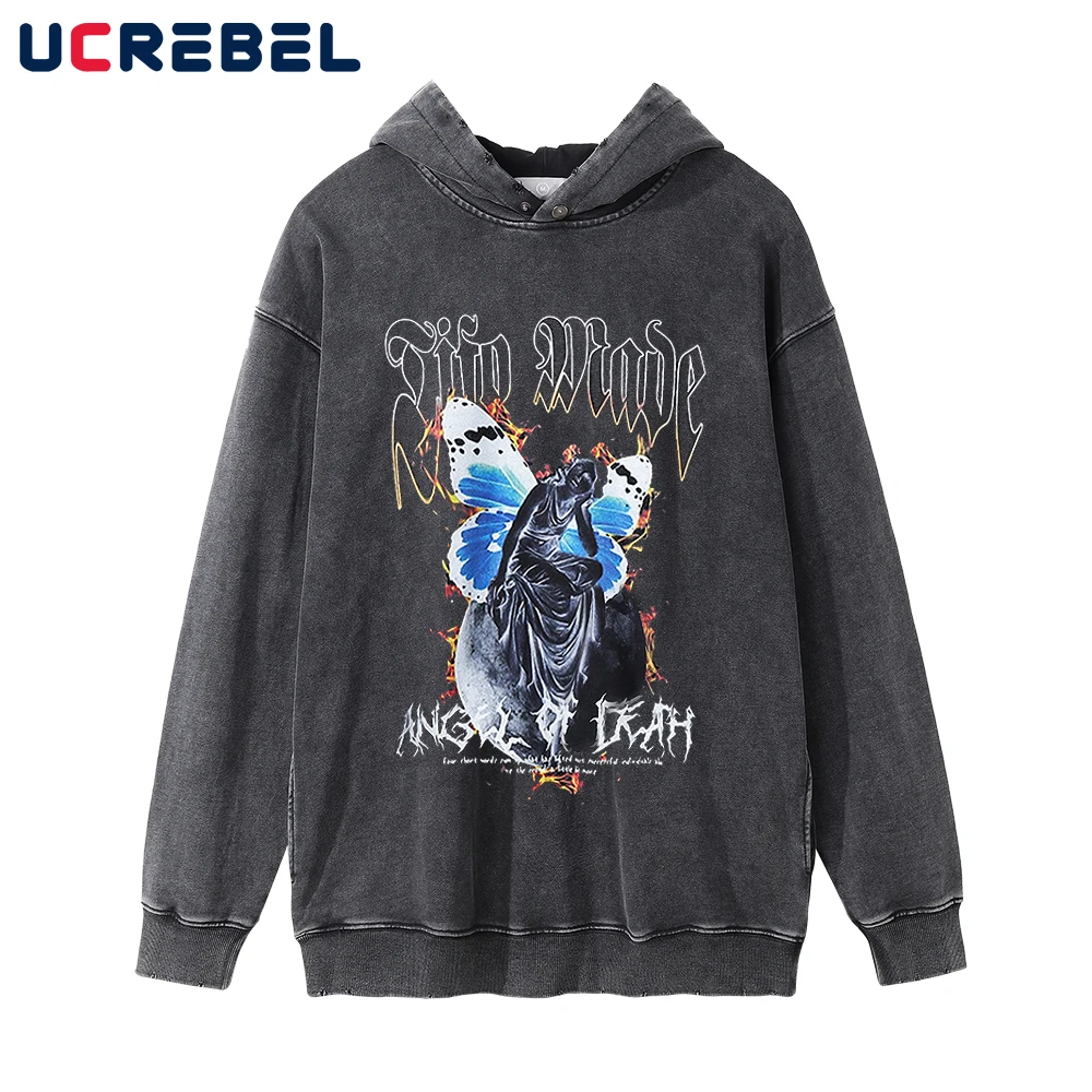 

Pattern Print Hooded Sweatshirts Mens Autumn Winter Streetwear Retro Washed Distressed Loose Casual Long Sleeve Hoodies Men