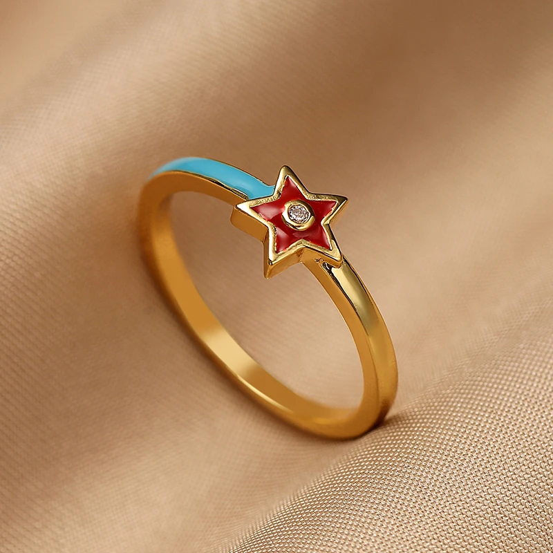 

Trendy Pentagram Design Enamel Copper Finger Rings Cubic Zirconia Ring For Women Fashion Party Hot Sale Jewelry Gifts