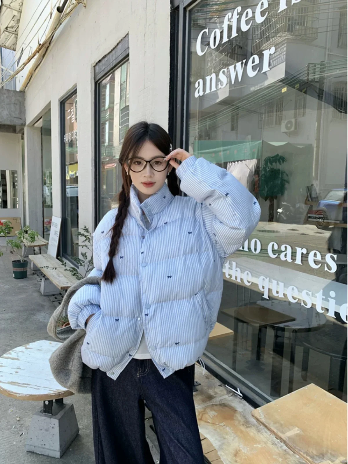 Корейская серия синее хлопковое стеганое пальто с бантом в полоску для женщин