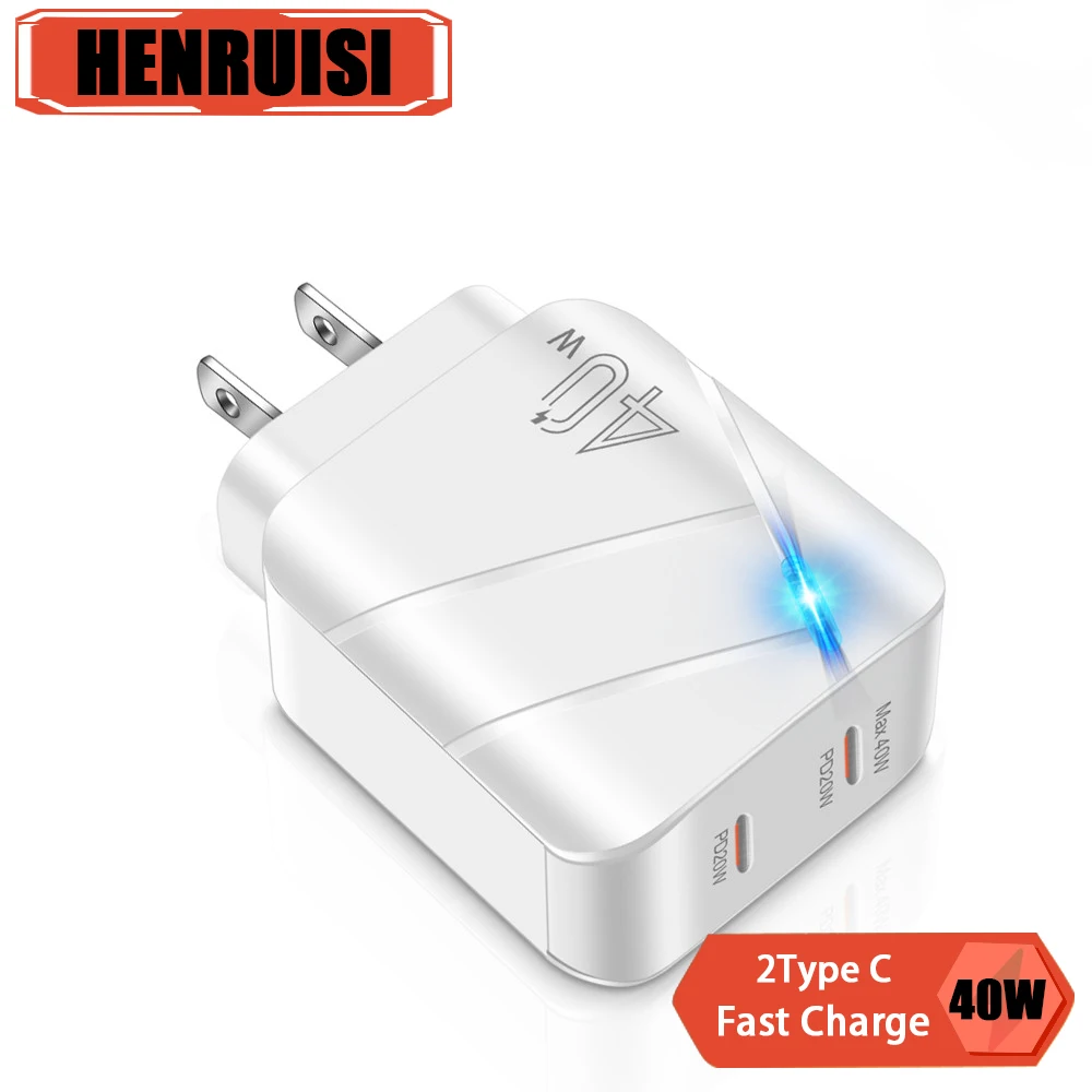 

40W Type C Charger Quick Charge QC3.0 For iPhone 15 Xiaomi Samsung Huawei PD Fast Charge 2 Ports EU/US Plug Wall Power Adapter