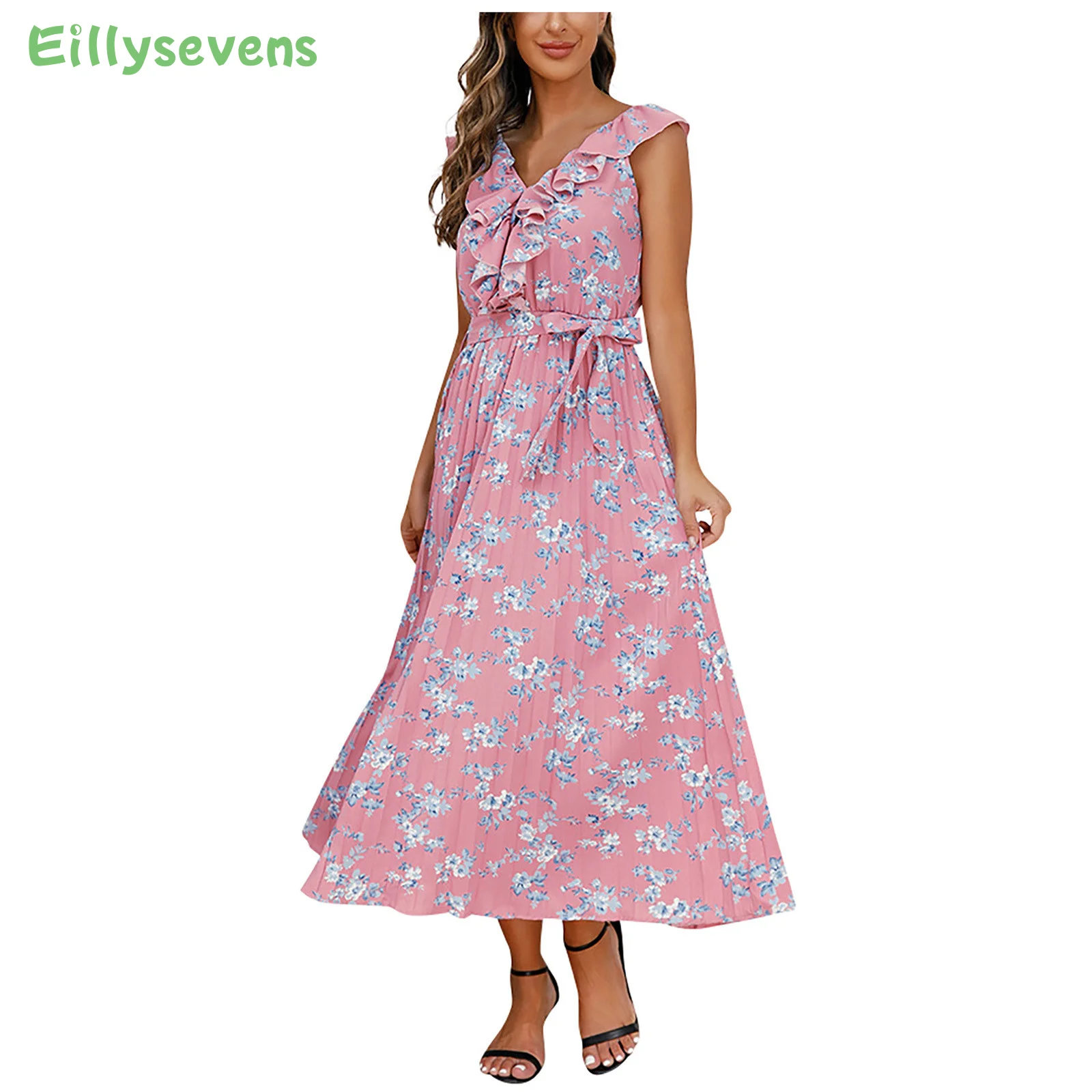 

Элегантные повседневные пляжные платья-миди с принтом, женское летнее платье трапециевидной формы с V-образным вырезом, коротким рукавом и ...