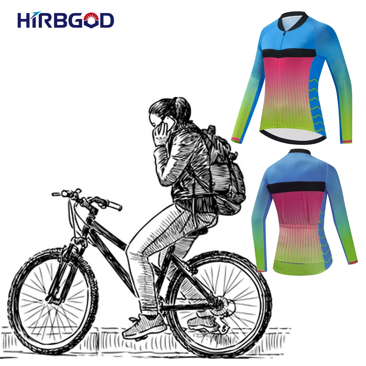 

HIRBGOD Women's Orange Purple Printing Cycling Jersey Long Sleeve Bike Clothes The New MTB Top Maillot Mountain Shirt Clothing