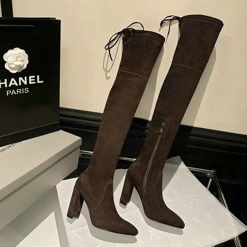 Замша нубук кожа блочный высокий каблук сексуальные женские выше колена носки