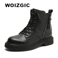 woizgic womens female woman ankle white short genuine leather boots martin shoes zipper lace up korean autumn locomotive