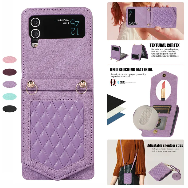 

Wallet Small Fragrant Mirror Leather Case For Samsung Galaxy Z Flip4 Z Flip3 With Lanyard Z Flip 3 4 Magnetic Flip Holder Cover