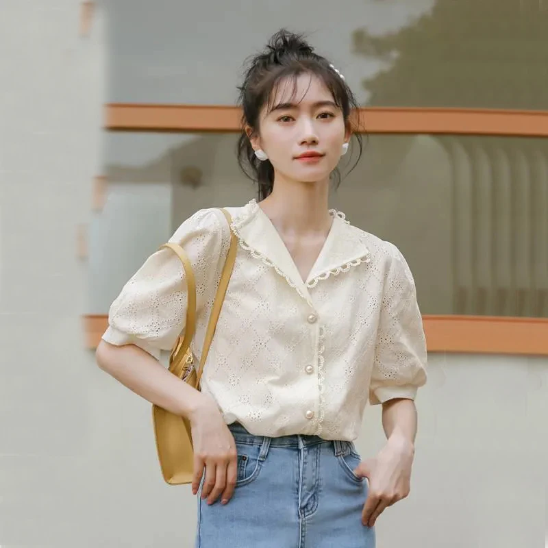 Sweet Puff Sleeve V Neck Women Shirt Summer Loose White Turn Down Collar Short Sleeve Tops Harajuku Office Lady All Match Blouse
