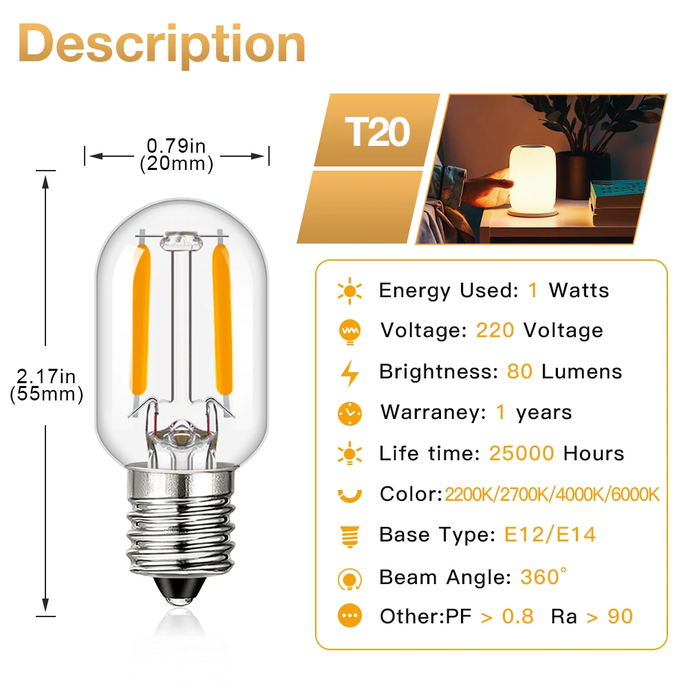 Диммируемая Светодиодная лампа накаливания E14 T20 1 Вт холодный свет яркий белый 7