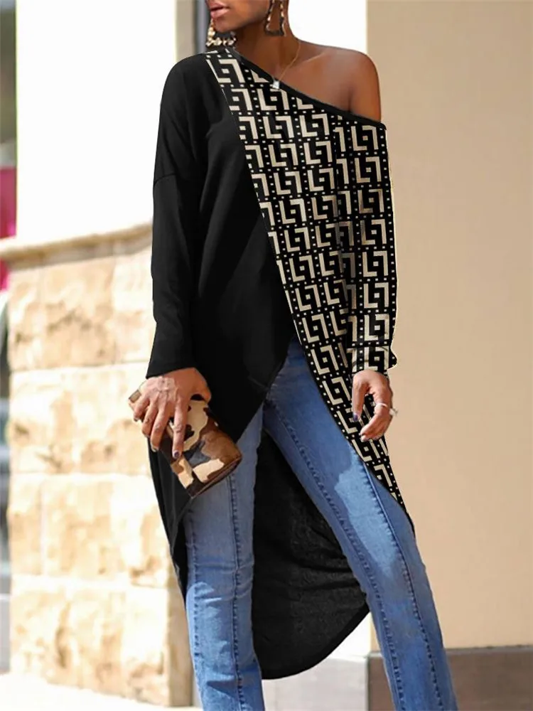 

Women Geometric Print Long Sleeve Asymmetrical Hem Top Fashion Female 2022 Hot Hit y2k Casual All-match Top Clothing