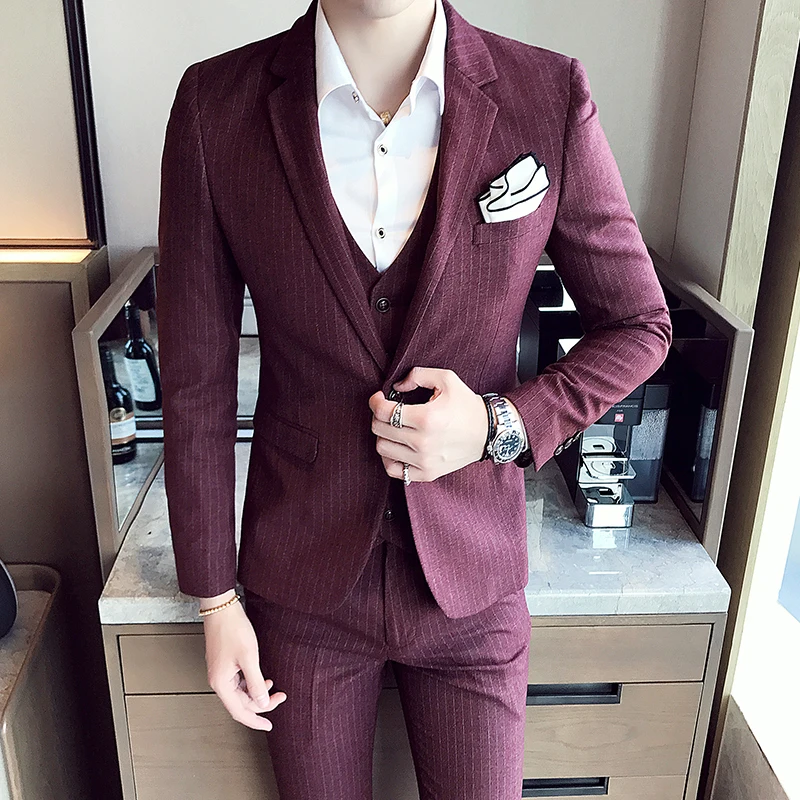 Boutique (Blazer + Vest + Trousers) Men's British Style Business Elegant Fashion Simple Casual Party Slim Dress Three-piece Suit