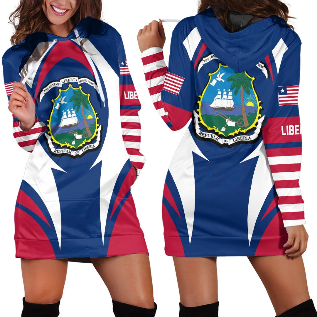 

Africazone Clothing Women's Hoodie Sweatshirt Dress Slim Harajuku Print Sweatshirt Dress - Liberia Action Flag Hoodie Dress