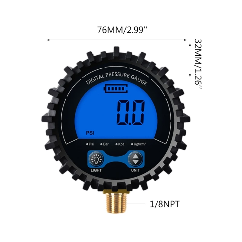 Цифровой манометр газа с нижним разъемом 1/8 дюйма NPT и резиновым протектором