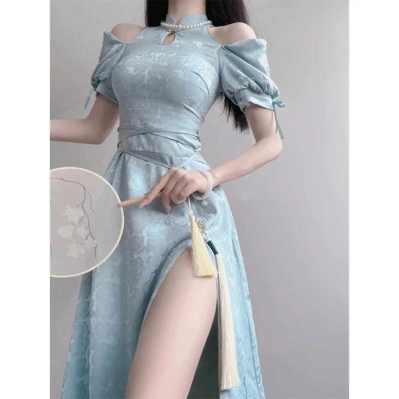 

2023 Summer Chinese Style Blue Hollow Jacquard Puff Sleeve Cheongsam Dress Women Improved Sweet High Slit Lolita Dresses Qipao