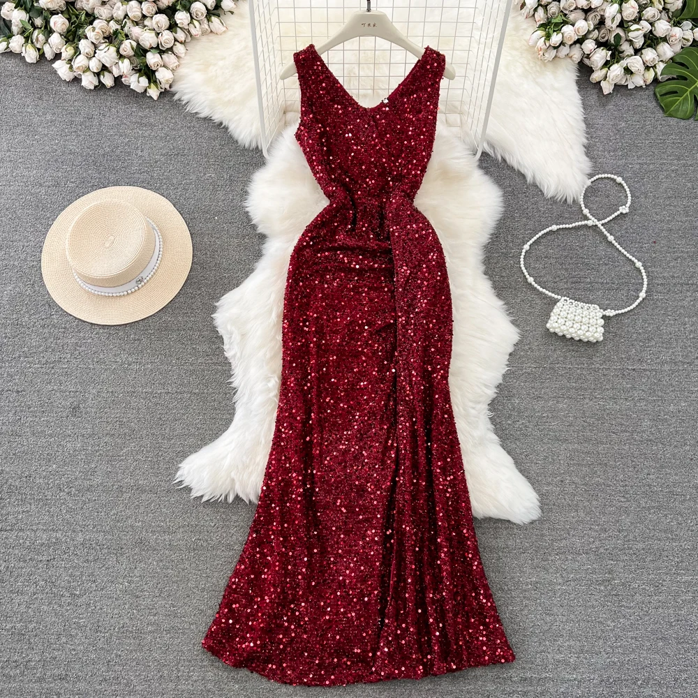 

Шикарное блестящее платье с V-образным вырезом и разрезом, пикантное элегантное вечернее праздничное роскошное платье, женское винтажное облегающее церемониальное платье-труба