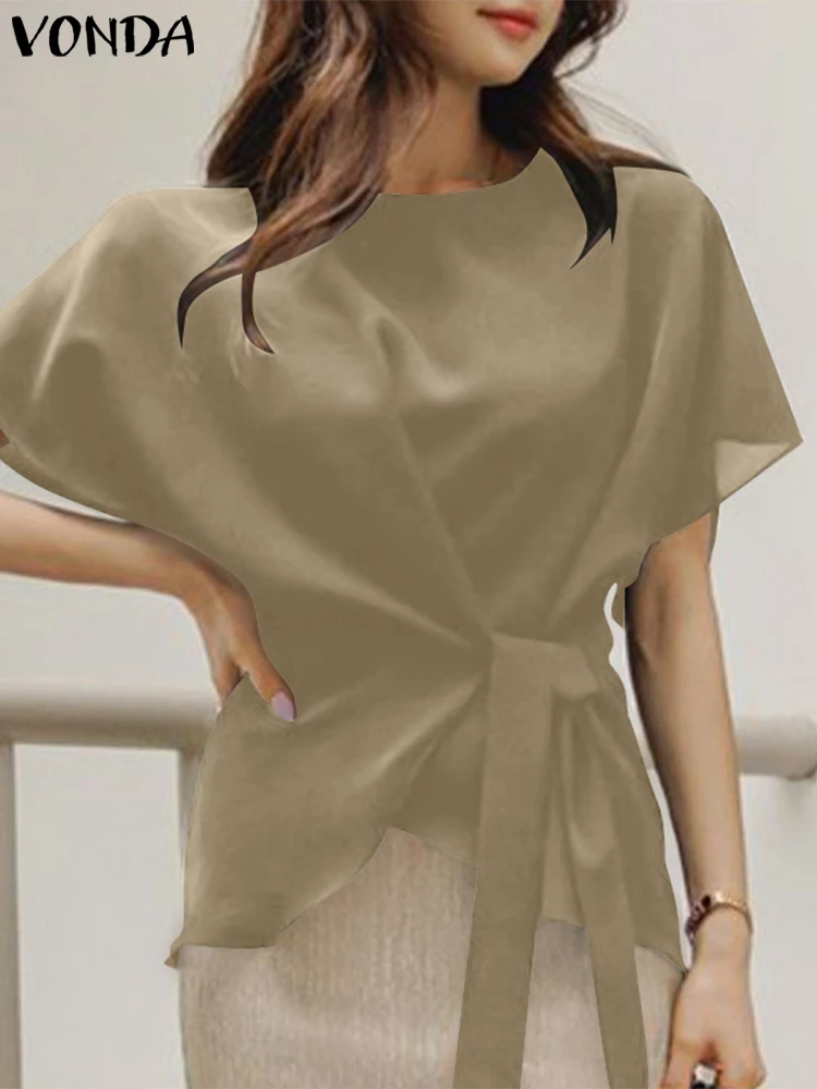 

VONDA Oversized Fashion Tunic Street Shirts Blusas Stylish Women Short Sleeve Crew Neck Chemise Casual Female Solid Blouse Tops