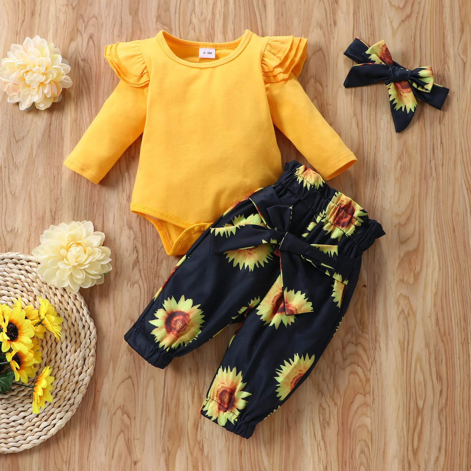 

Spring and Autumn Girls Long Sleeve Sunflower Triangle Romper Print Trousers Two Piece Set baby girl clothes