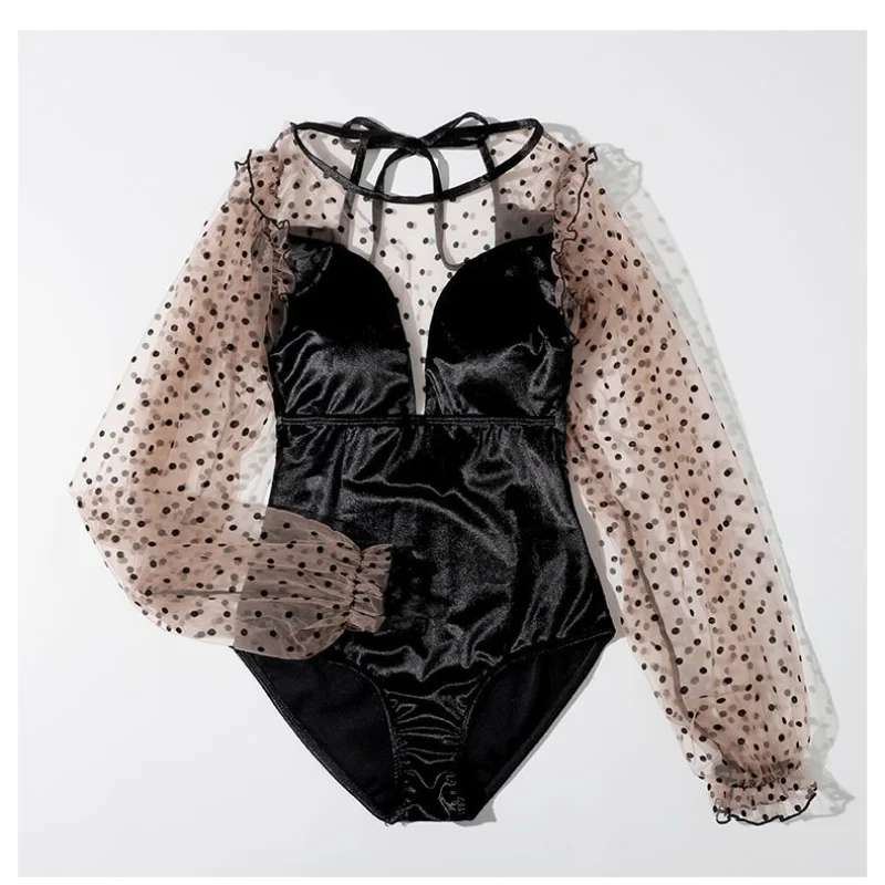 Korean Version Conjoined Body Women's Clothing 2023 Conservative Slimming Long Sleeve Lace Dot Printed Casual Backless Swimwears