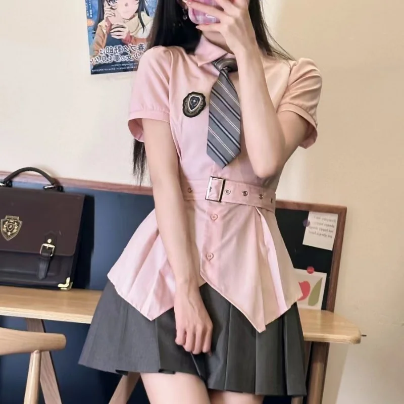 

JK Uniform Set 2023 Summer Oversized College Style Irregular Waist Wrapped Shirt Women's High Waist Pleated Short Skirt Suit