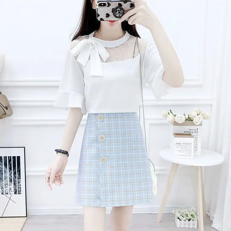 

Women 2022 Summer Elegant Work 2 Pieces Set Female Short Sleeve Chiffon Blouses + High Waist Plaid Mini Skirt Casual Suit S23