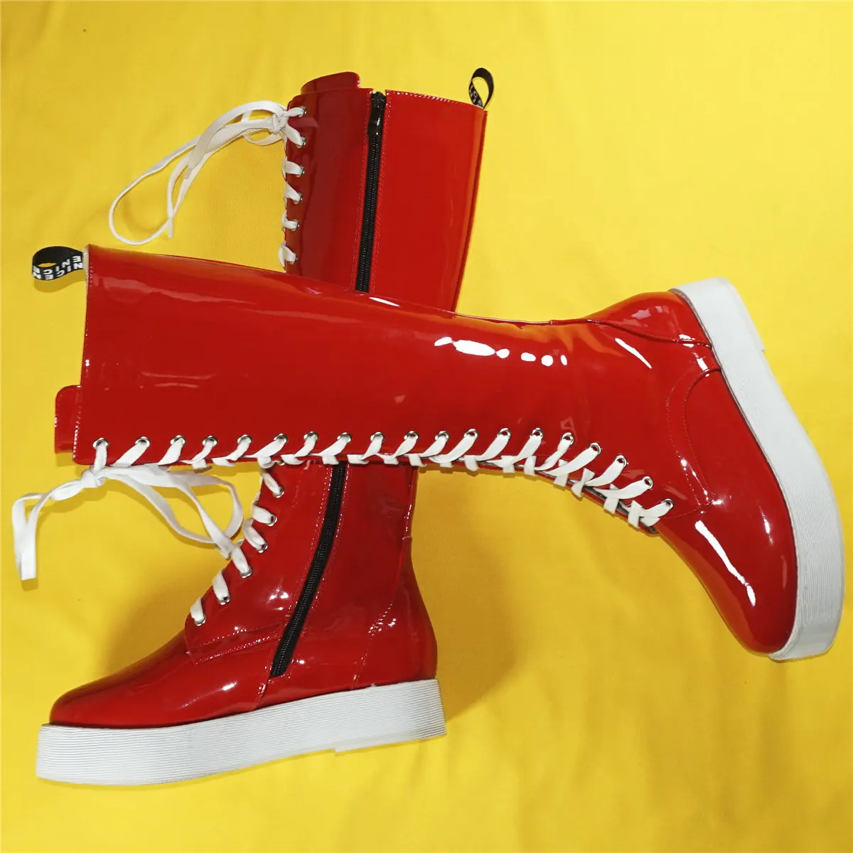 Thigh High Fashion Sneakers Women Lace Up Red Patent Leather Knee High Boots Female Winter Round Toe Platform Pumps Casual Shoes