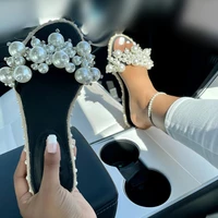 summer women pearl crystal slippers woman hemp slides 2021 womens causal flats female beach shoes ladies footwear plus size