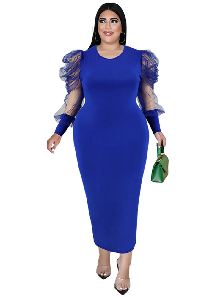 

5XL Plus Size Long Dresses For Women Mesh Splice Puff Sleeve Robes Fashion New Elegant Sexy Oversize Office Lady Maxi Dress 2022