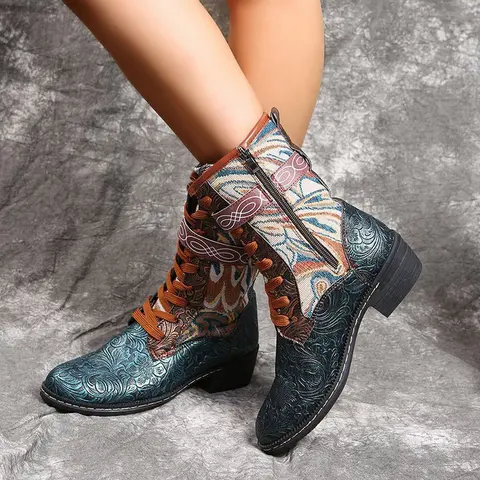 Женские зимние ботинки, ботинки с рельефным рисунком в стиле пэчворк, этнические Нескользящие теплые плюшевые женские ботинки на шнуровке, короткие ботинки на плоской подошве
