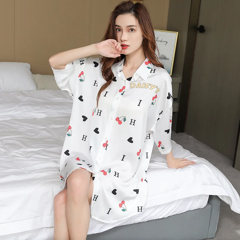

Night Dress Women Nightwear Gown Summer Sexy Thin Half Sleeve Botton Cherry Sweet Boyfriend Style Shirt Home Nighty for Ladies
