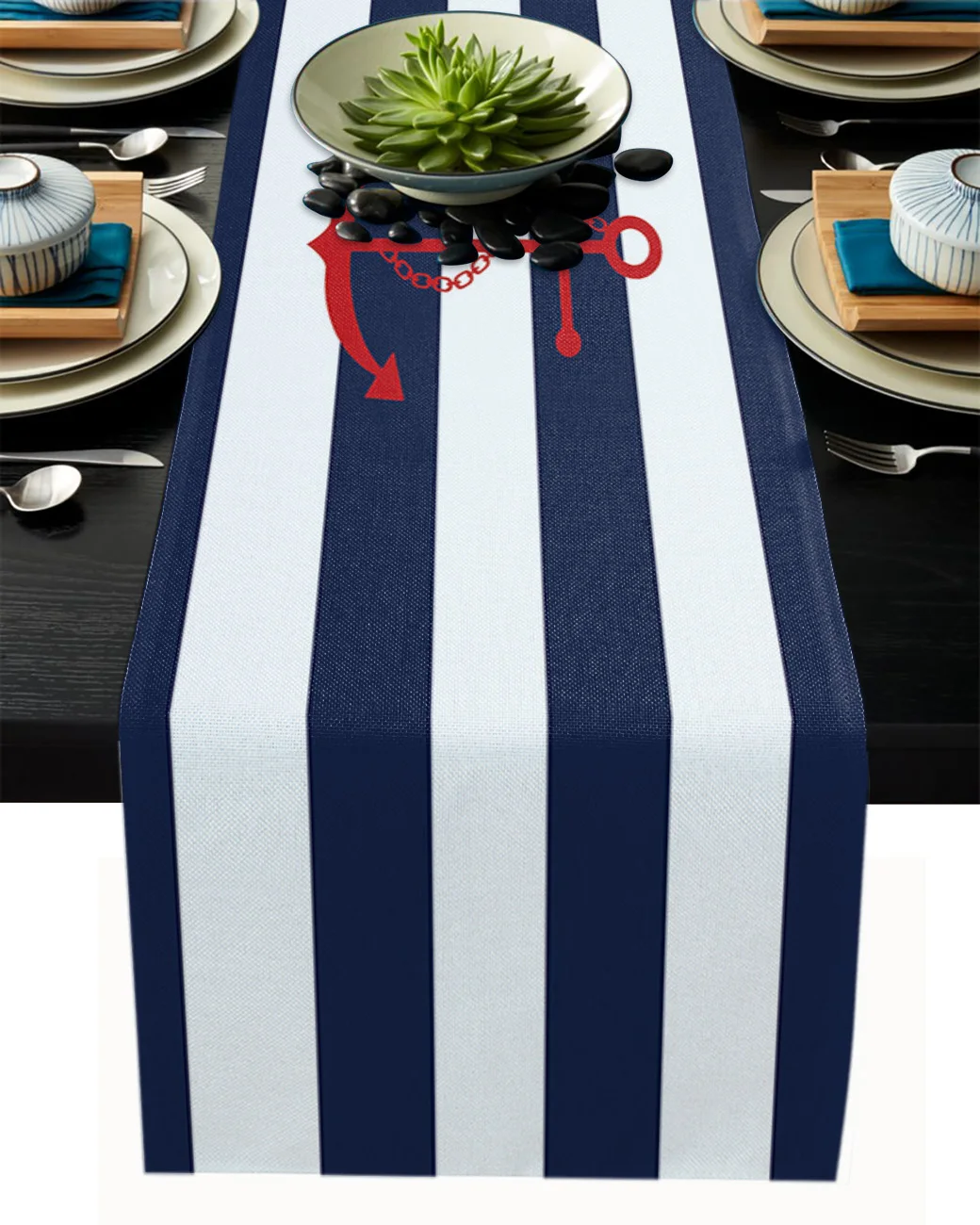 

Простой синий и белый полосатый стол с якорем, настольная дорожка для свадебной вечеринки, обеденная скатерть, предметы интерьера для кухни