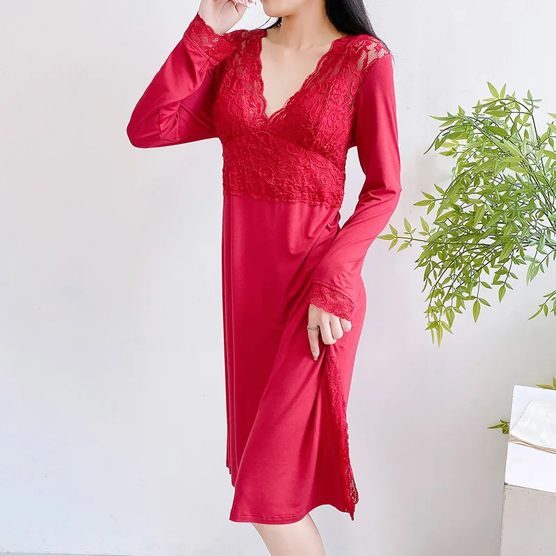 Sexy Deep V Pajama Woman Fall/Winter New Modal Long Sleeve Lace Ribbon Cushion Nightdress Loose Size Home Dress