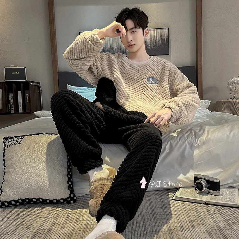 

Men's Winter Warm Sleepwear Pajamas Pajama Man Sets Flannel Home Clothes Fleece Thick Warm Nightwear Large Size L-5XL Pyjama