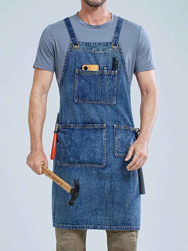 Горячая стирка воды черный синий джинсовый фартук Ресторан Кафе парикмахерский