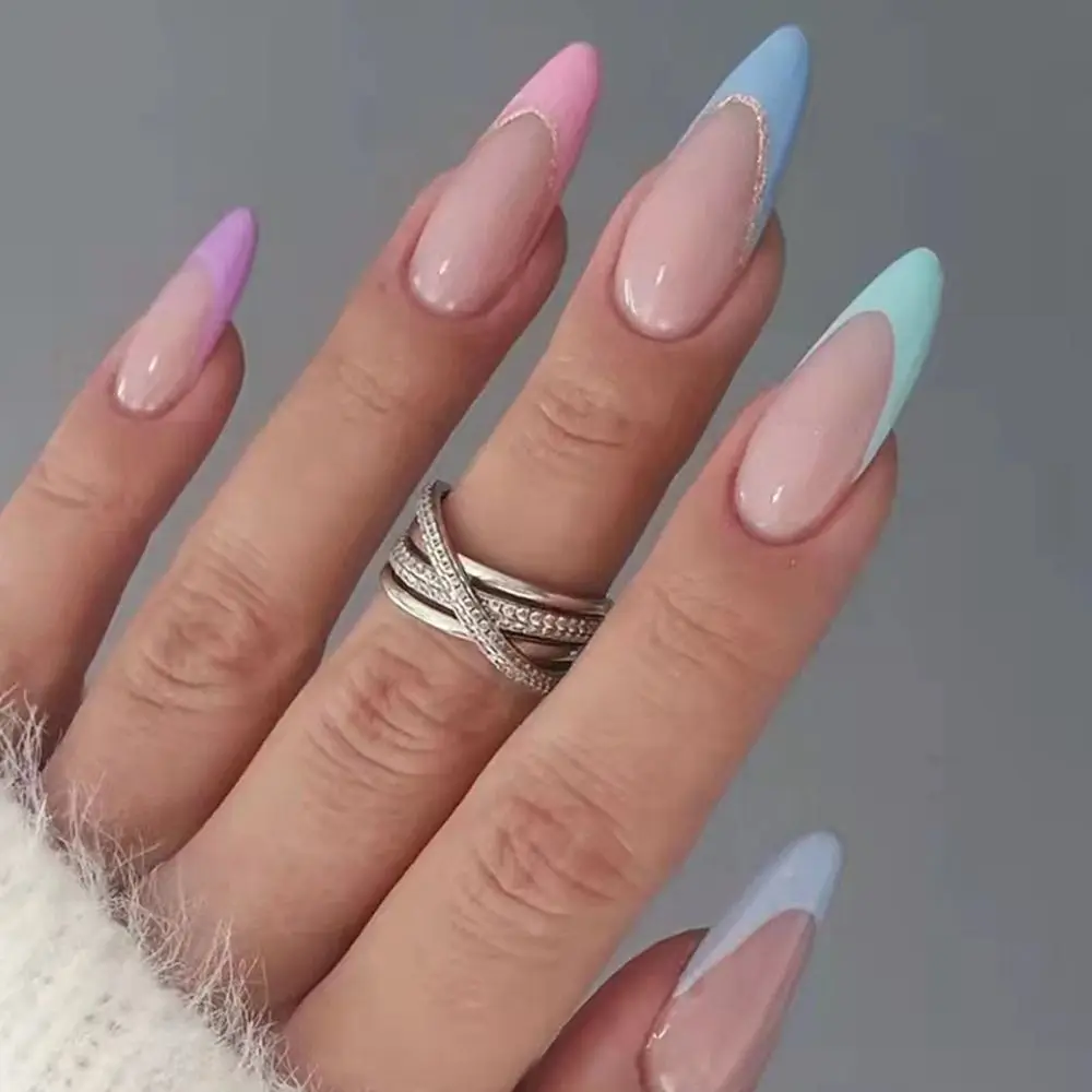

24pcs/Box Press On Nails Full Cover Artificial Detachable Nail Tips Wearable Almond False Nails French Fake Nails