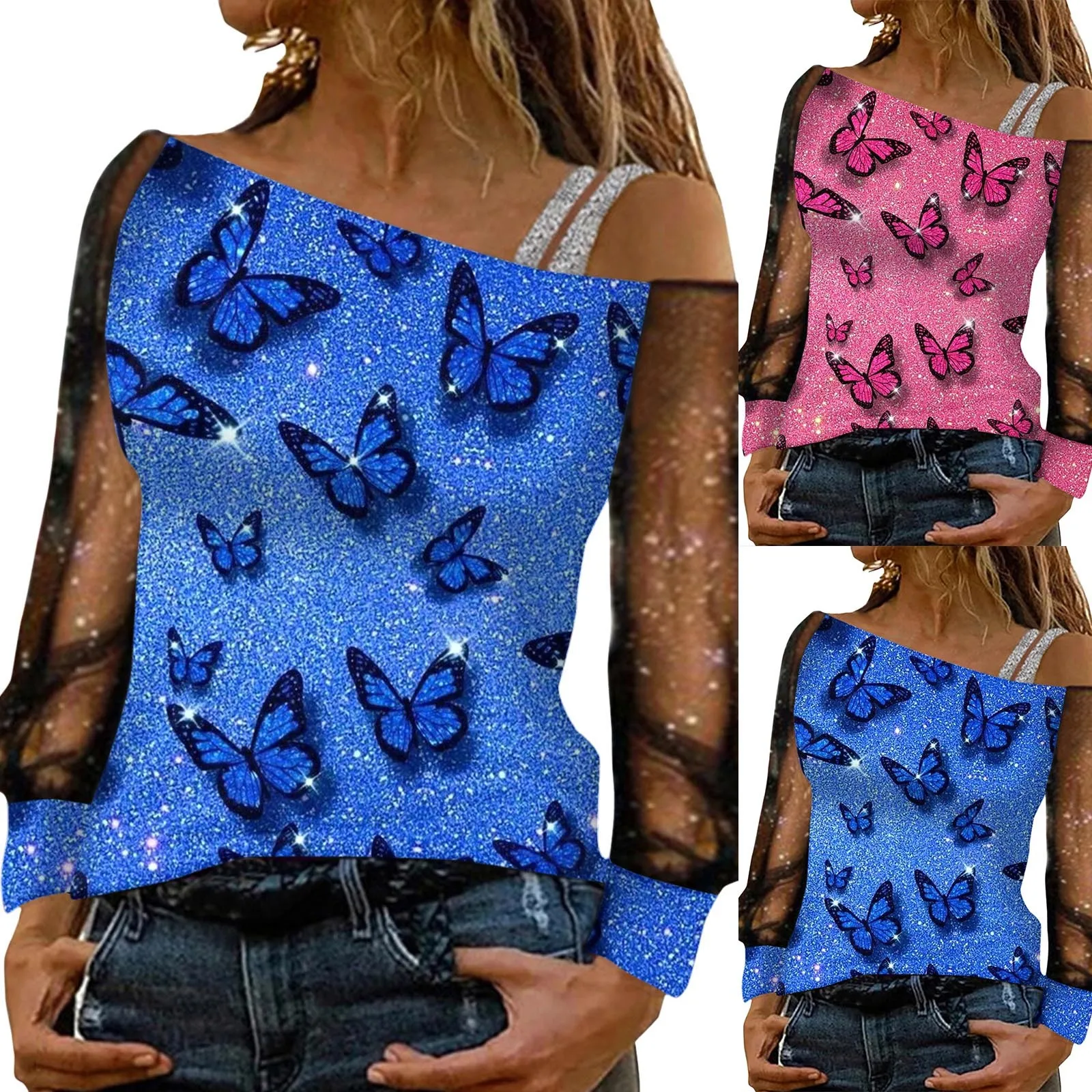 

Women Fashion Casual Sequin Print Off Shoulder Mesh Long Sleeve Splicing T Womens Summer Camp Shirts Eyelet Sweater Tops Women