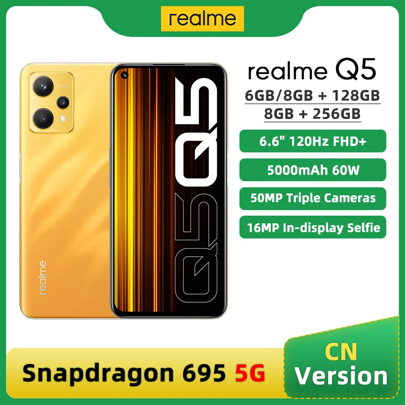 

Оригинал Realme Q5 Snapdragon 695 5G смартфон 6 ГБ 128 ГБ Дисплей 6,6'' 120 Гц FHD+ 50MP тройная камера Аккумулятор 5000 мАч 60 Вт