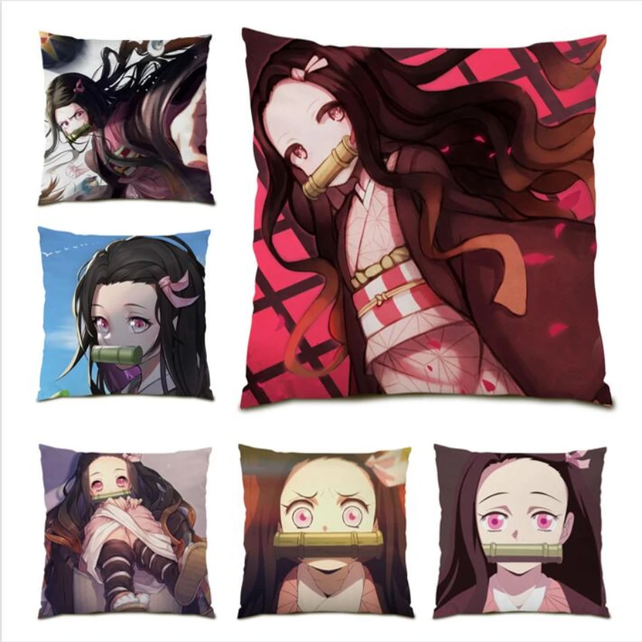 

Square Decoration Home Polyester Linen Cushion Cover 45x45 Gift Demon Slayer Nezuko Kawaii Pillow Case Cartoon Cute E0130